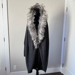 Jennifer Lopez Longline Sequin Knit Cardigan w/ Faux Fur Collar – Size L